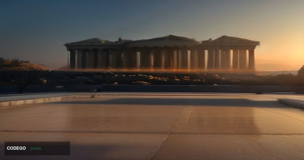 A cinematic editorial photograph set in Athens, Greece, featuring the Parthenon atop the Acropolis visible in the soft-focus 