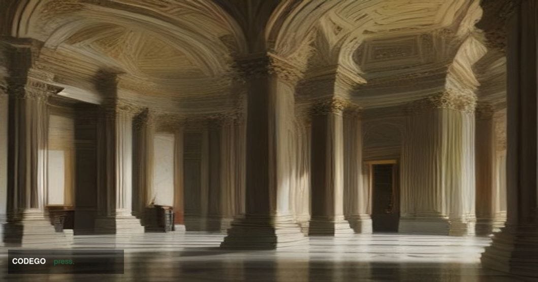 A photorealistic editorial photograph set inside the grand neoclassical interior of the Banca d'Italia headquarters in Rome, 