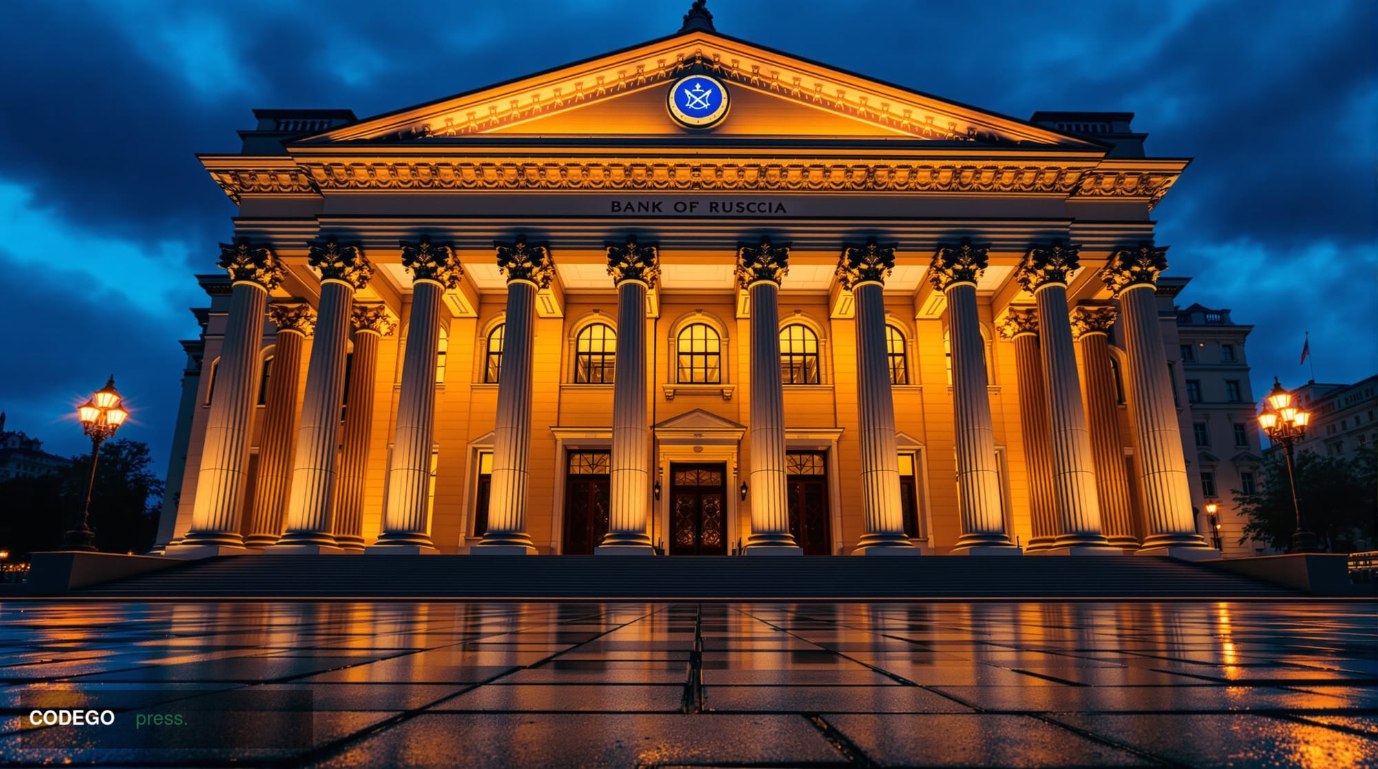 A photorealistic editorial photograph of the neoclassical exterior of the Bank of Russia headquarters in Moscow, shot at dusk