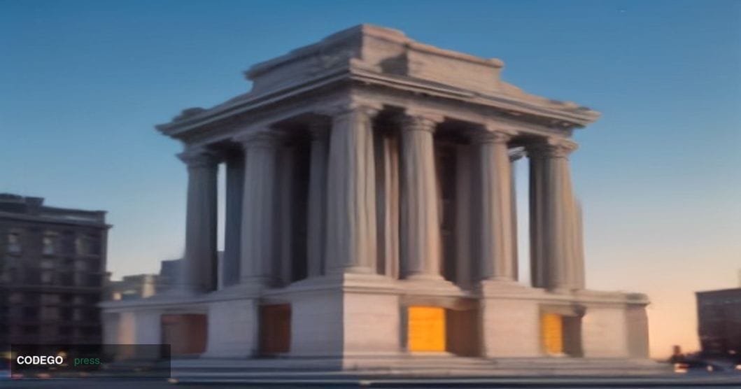 A sweeping low-angle shot of a grand neoclassical American bank building facade at twilight, its pale stone columns bathed in