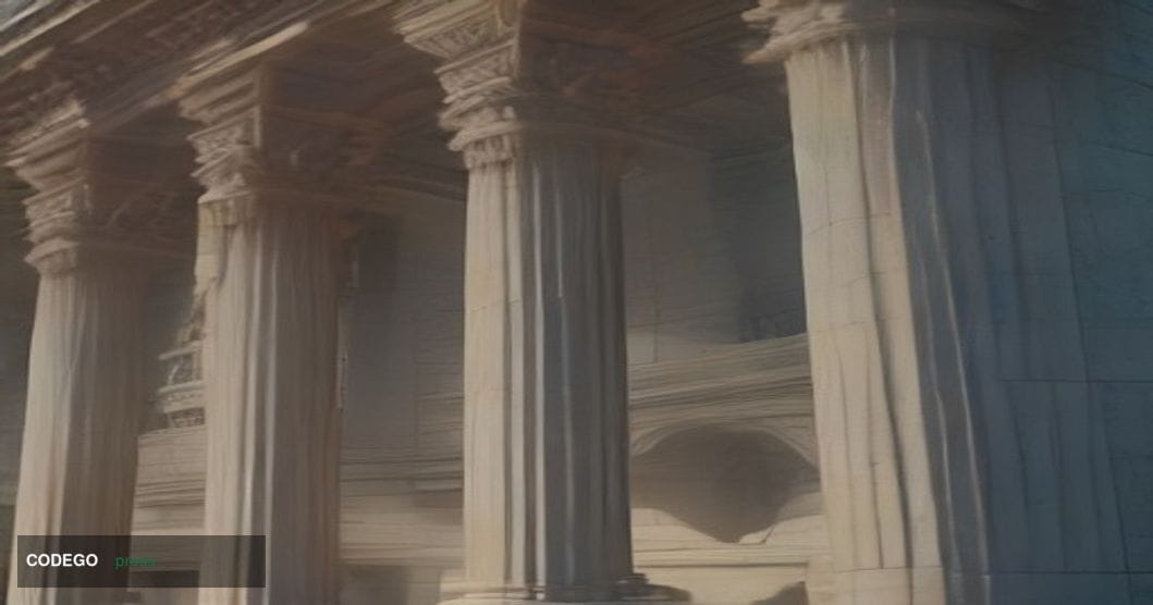 A cinematic editorial photograph shot from a low angle looking up at a grand neoclassical community bank building facade — he