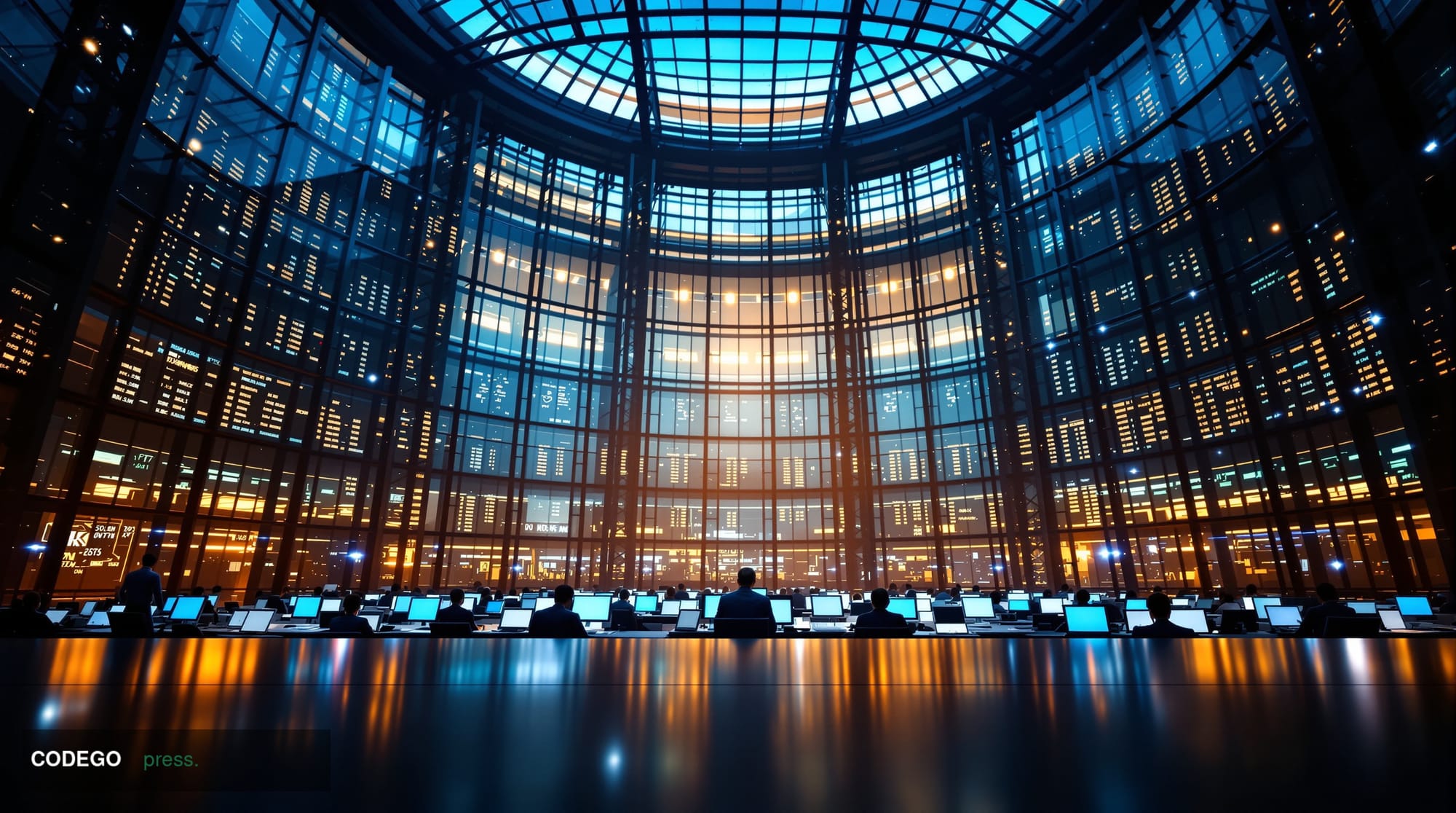 A cinematic editorial photograph of a dramatic trading floor environment at dusk, viewed from a low angle looking upward towa