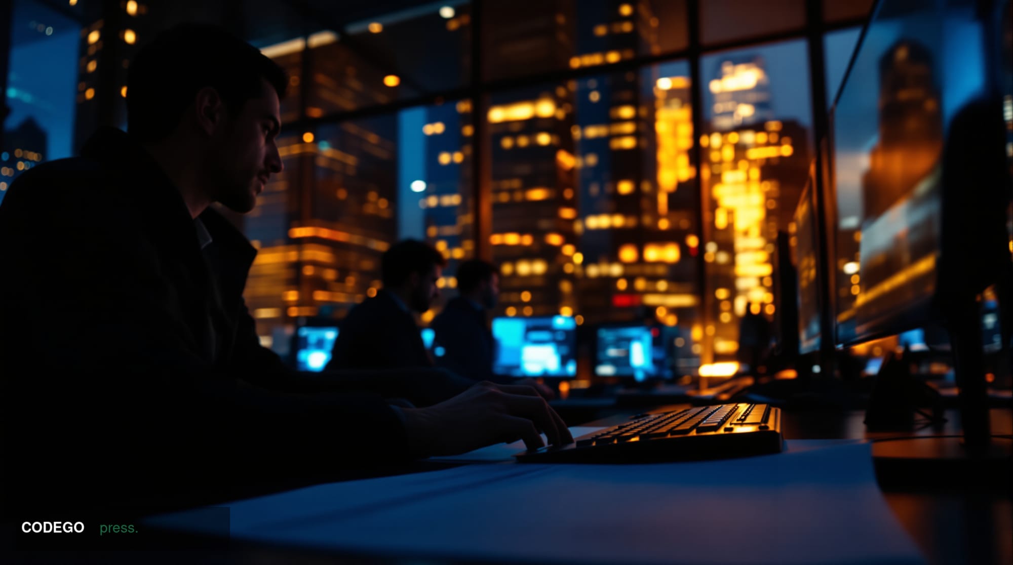 A cinematic editorial photograph of a sleek, glass-fronted financial district trading floor interior viewed from a low angle,