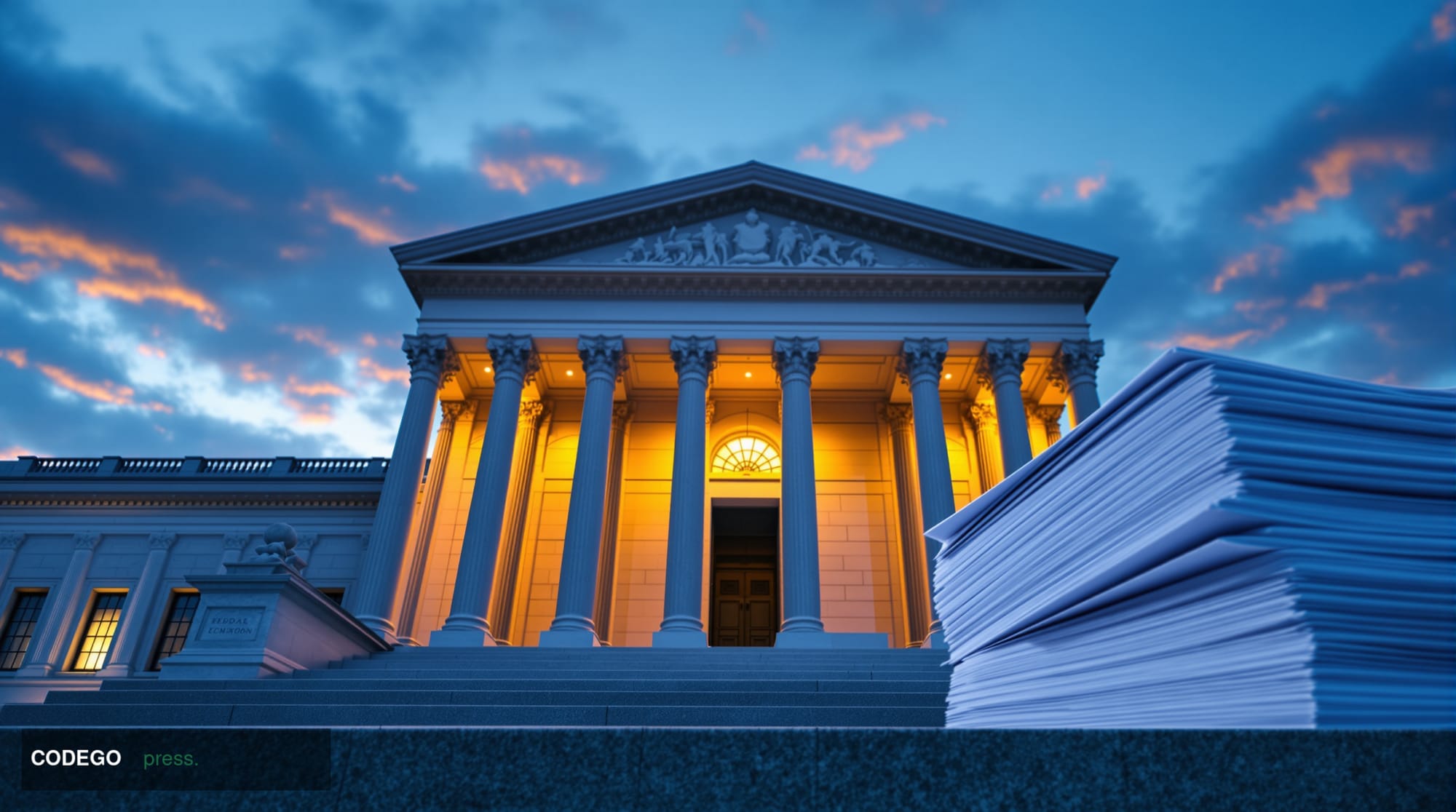 A grand neoclassical federal regulatory building facade photographed at dusk from a low wide-angle perspective, its imposing 