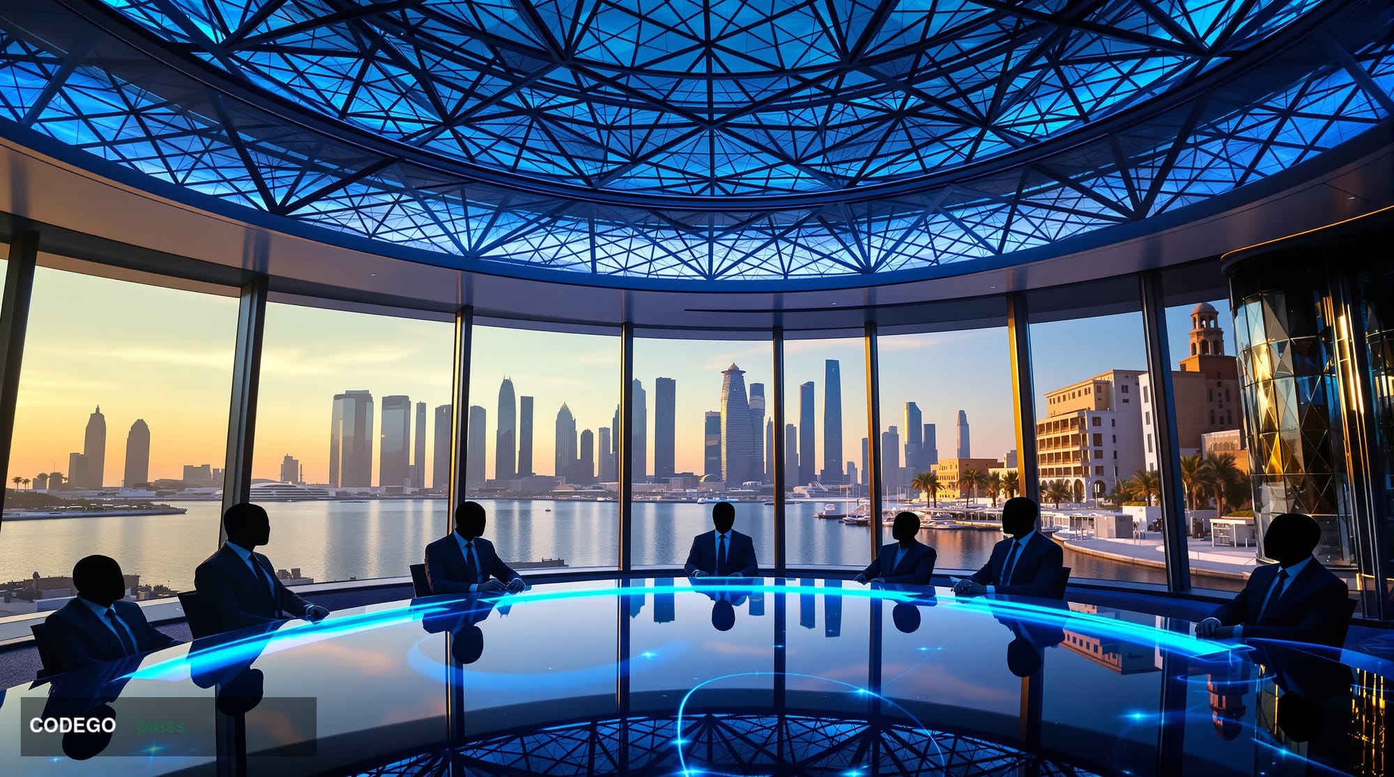 A dramatic cinematic editorial photograph of a cutting-edge financial technology laboratory environment, shot from a low angl