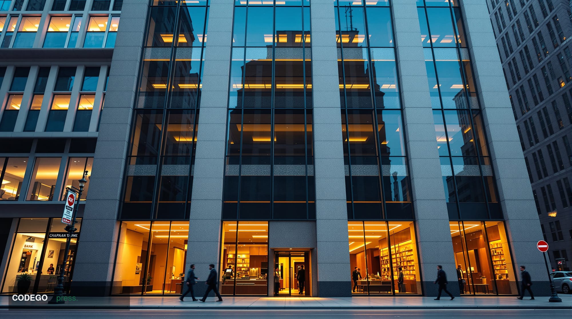 A cinematic editorial photograph taken at ground level looking up at a towering traditional stone-and-glass bank facade in a 