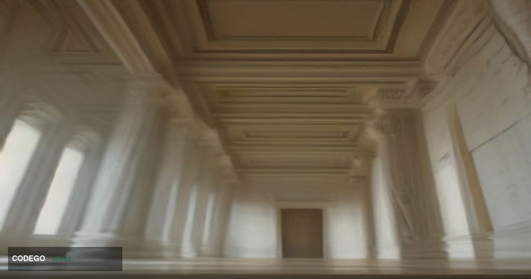 A photorealistic editorial photograph taken inside a grand, marble-columned Federal Reserve building corridor, shot from a lo