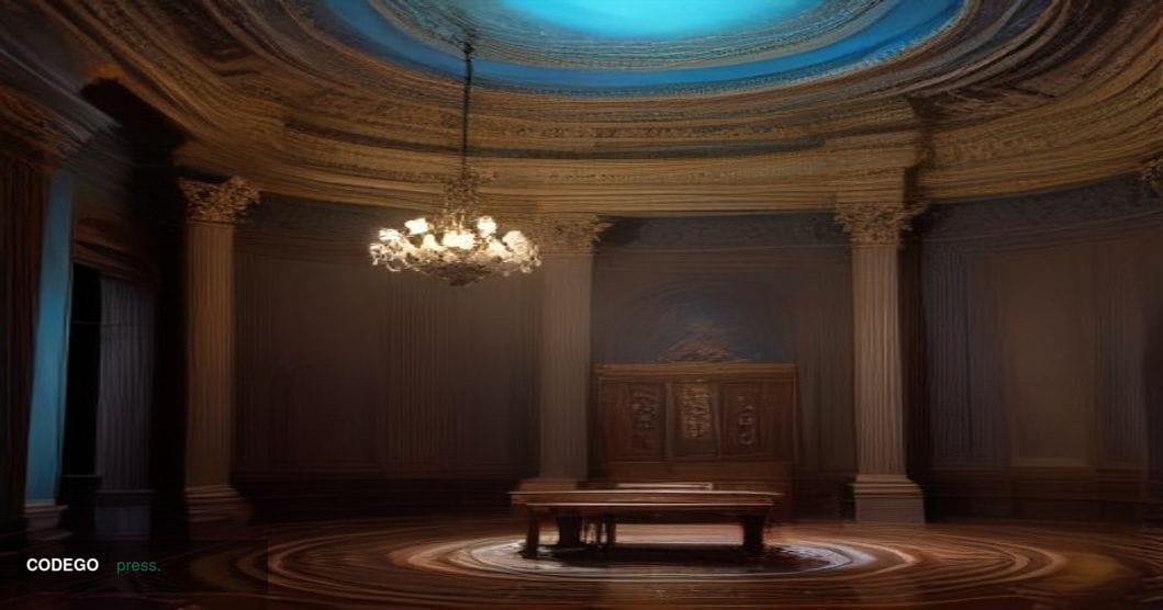 A cinematic editorial photograph set inside a grand, marble-columned United States Senate chamber rendered with dramatic chia