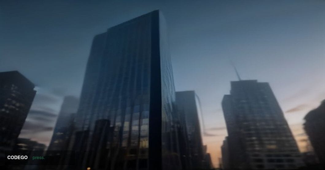 A photorealistic cinematic editorial photograph taken at ground level looking up at a modern glass-and-steel residential towe