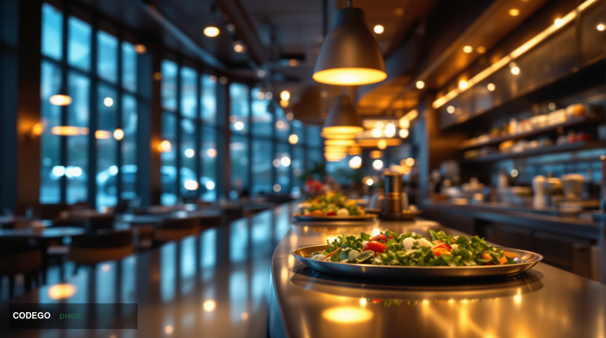 A cinematic editorial photograph of a gleaming modern fast food restaurant counter shot from a low angle, looking up at a war