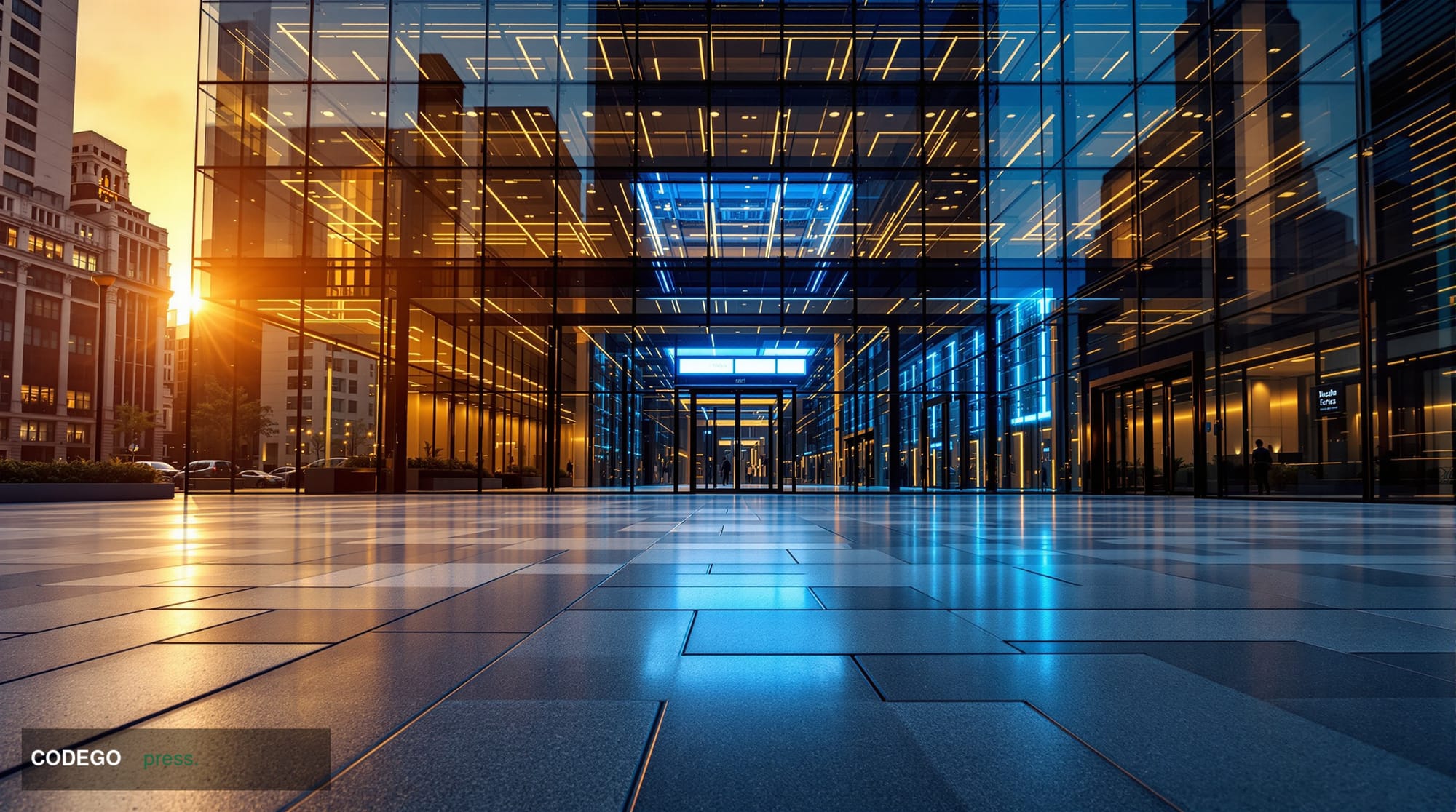 A cinematic editorial photograph shot at dusk from a low angle looking up through the glass atrium of a modern financial dist