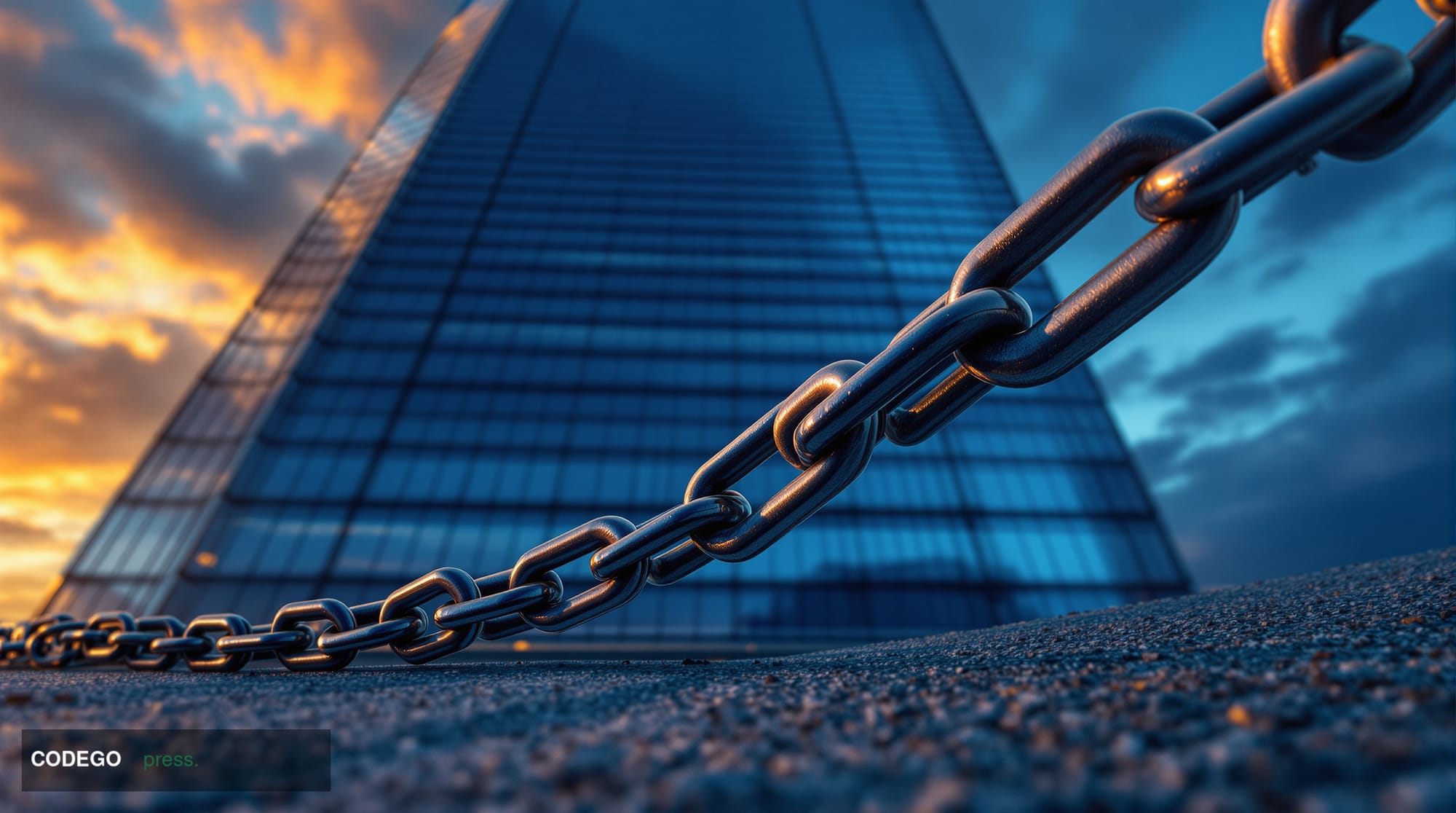 A wide-angle cinematic editorial photograph shot from a low angle looking up at a monumental glass-and-steel financial distri