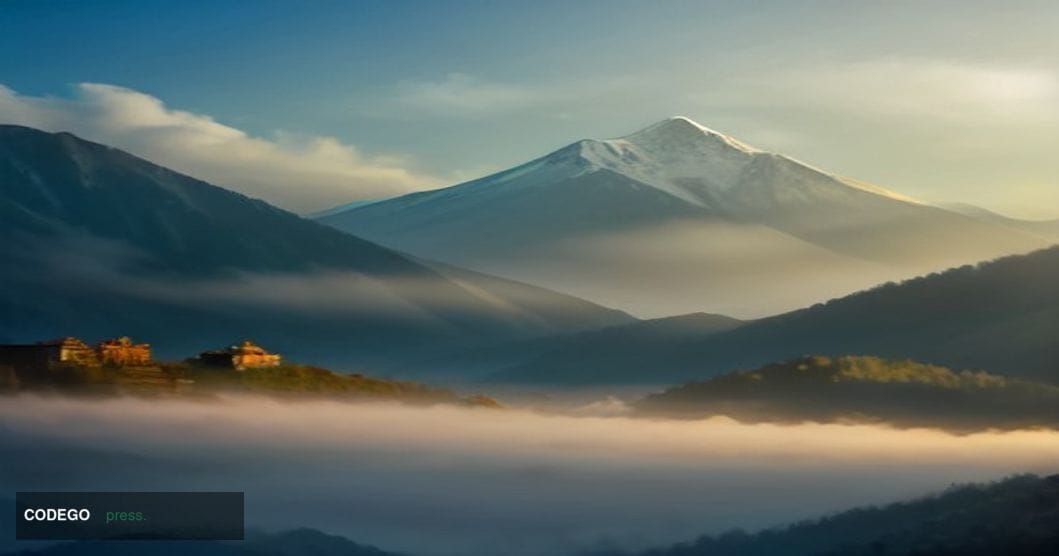 A cinematic editorial photograph capturing the dramatic mountain landscape of southern Bhutan, with mist-draped Himalayan pea
