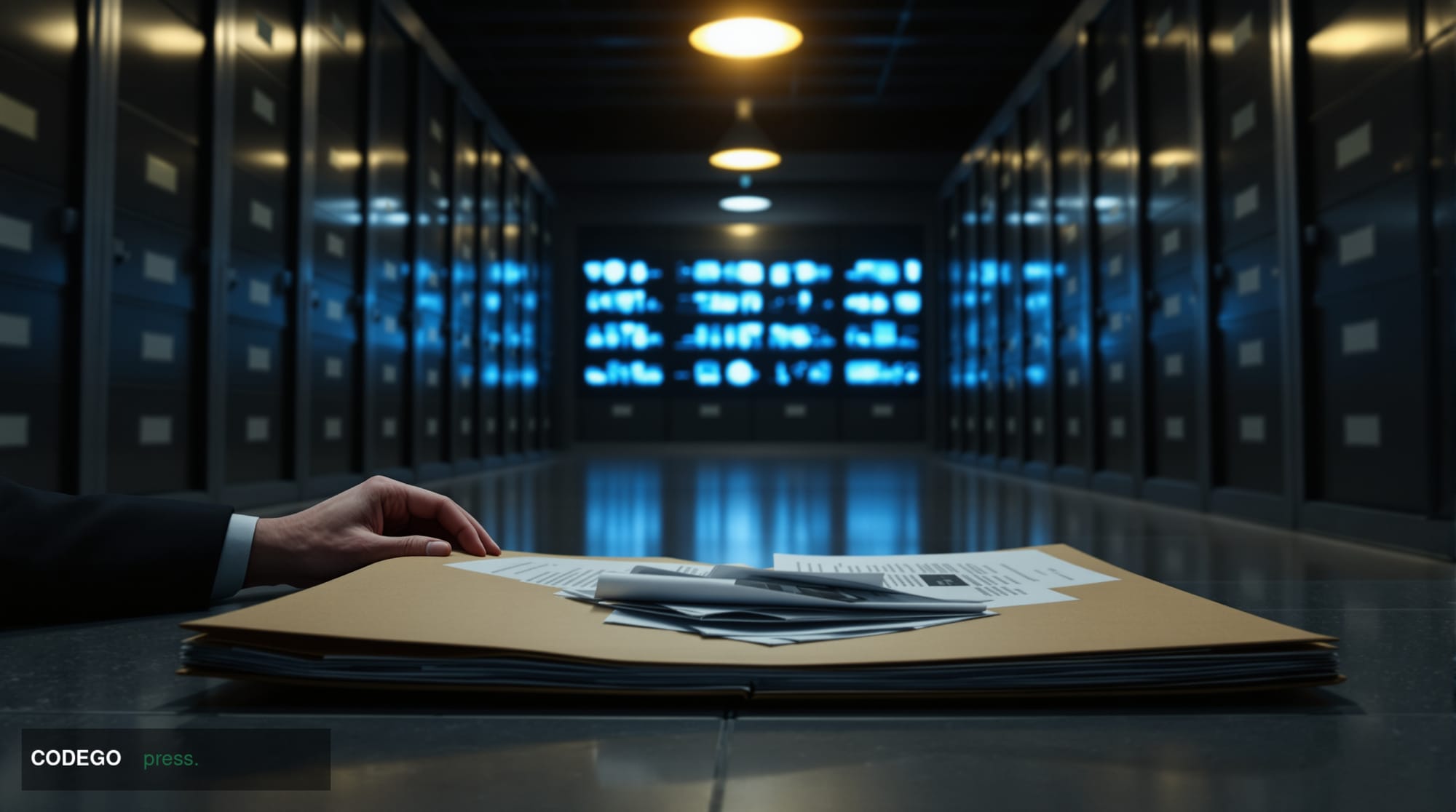 A cinematic editorial photograph set inside a stark, dimly lit governmental records room in Moscow, with towering filing cabi