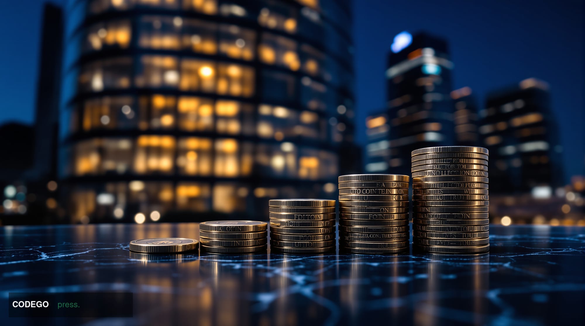 A cinematic editorial photograph set at the Binance global exchange headquarters facade at night, with the illuminated "Binan