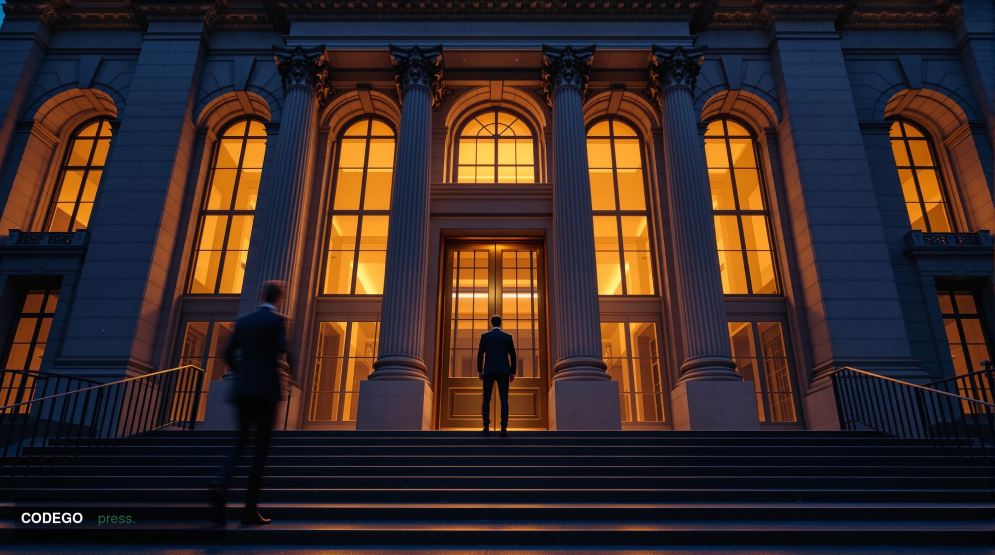 A cinematic editorial photograph set at dusk outside a modern European regulatory institution — a grand Brussels-style neocla