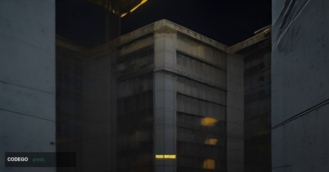 A cinematic editorial photograph taken at ground level looking up at a large cryptocurrency exchange building facade at dusk,