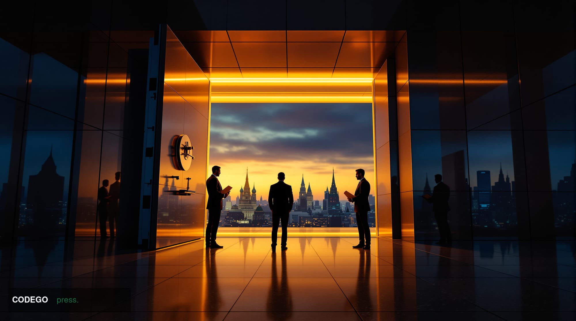 A dramatic cinematic editorial photograph taken from a low angle looking up at a monumental glass-and-steel corporate exchang