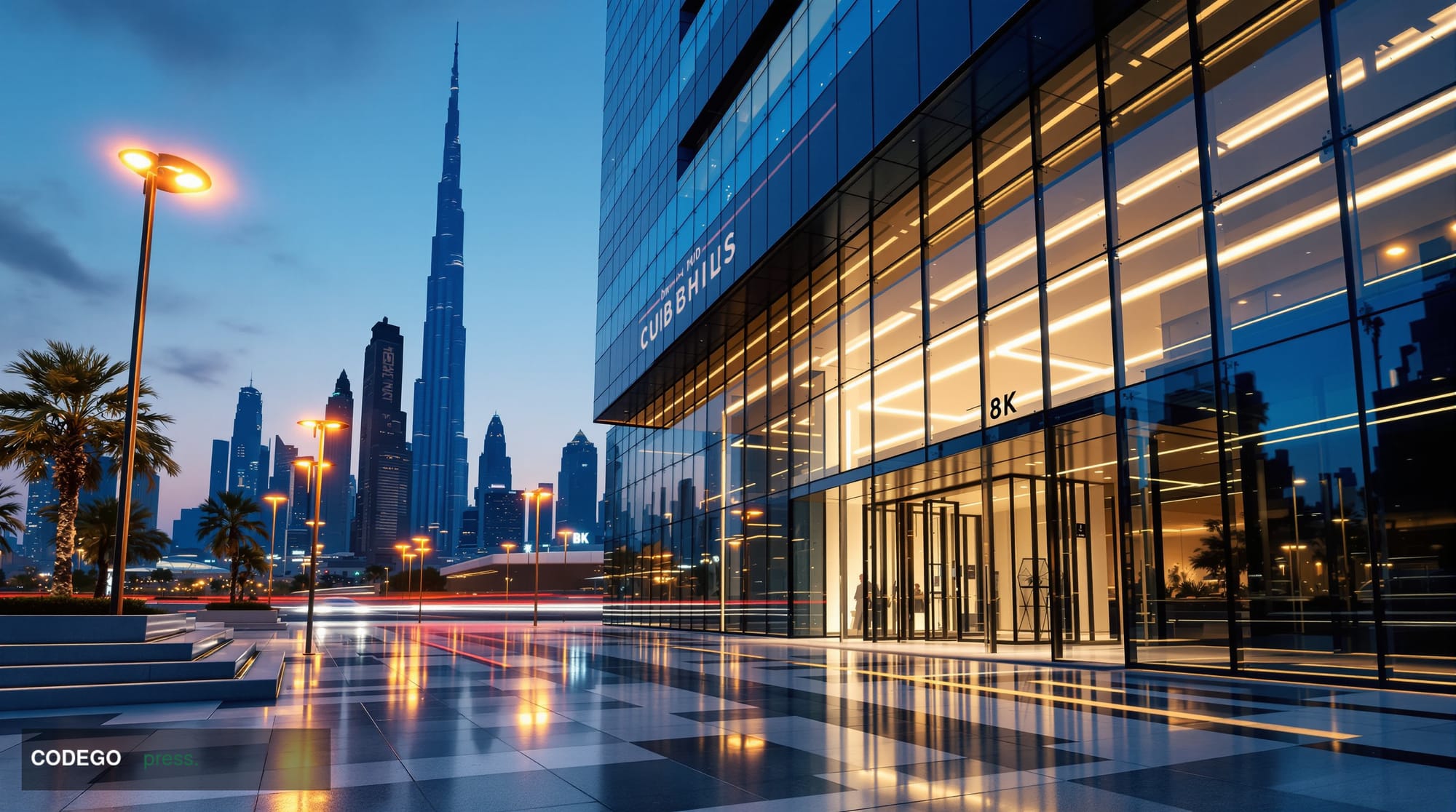 A sleek, glass-and-steel financial regulatory authority building in Dubai's modern business district photographed at dusk, wi