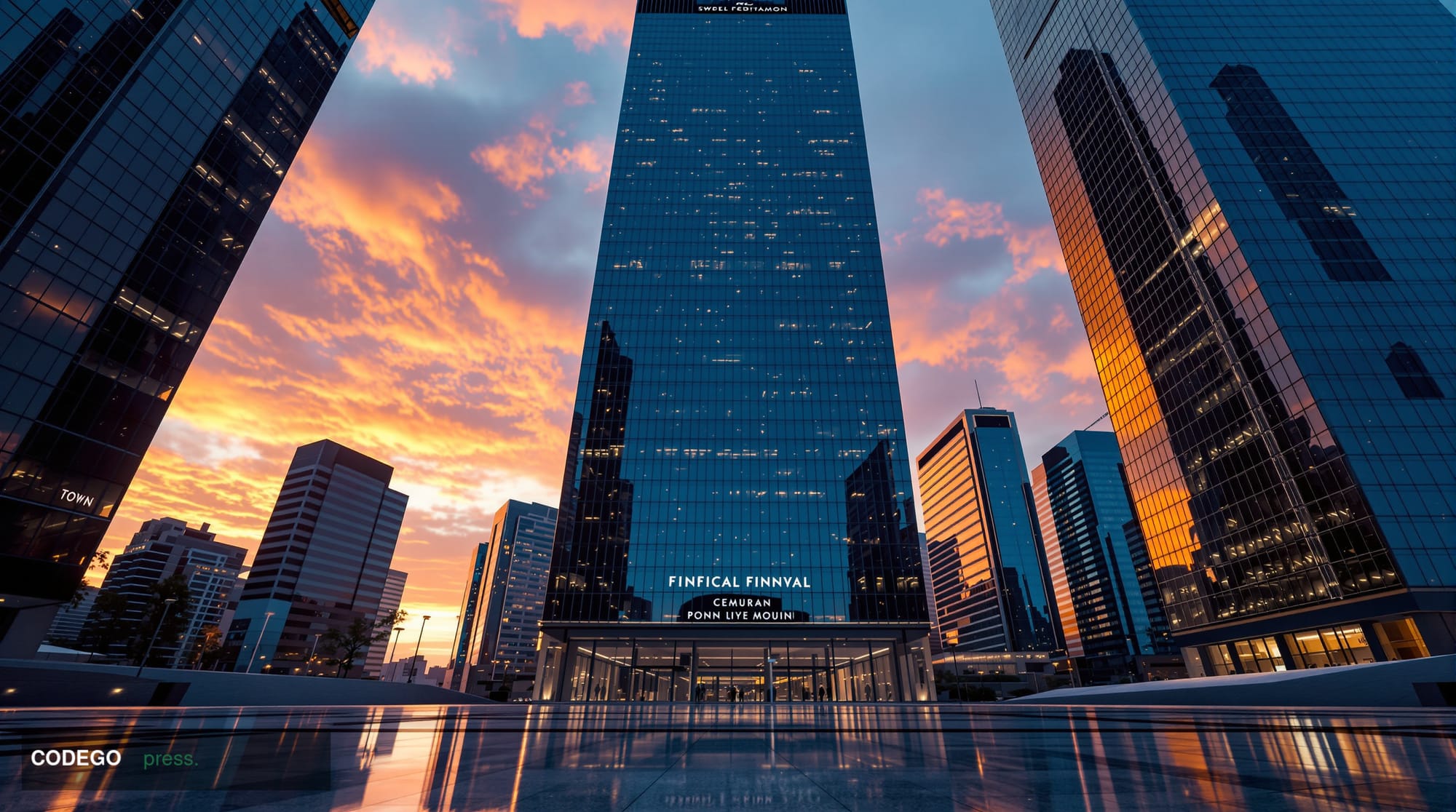 A photorealistic cinematic editorial photograph of the City of London financial district at dusk, viewed from a low angle loo