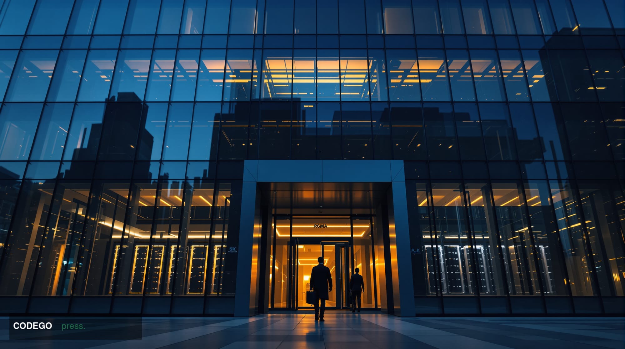 A dramatic cinematic editorial photograph shot from a low angle looking up at a grand glass-and-steel exchange building facad