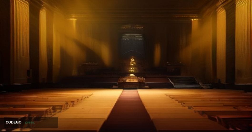 A dramatic wide-angle shot of a grand central banking conference hall interior, shot from a low angle looking toward an eleva
