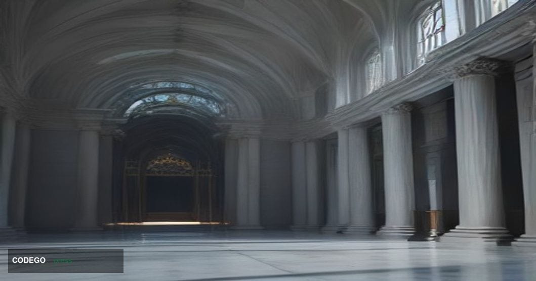 A cinematic editorial photograph set inside a grand, marble-floored central banking hall reminiscent of the Bank for Internat