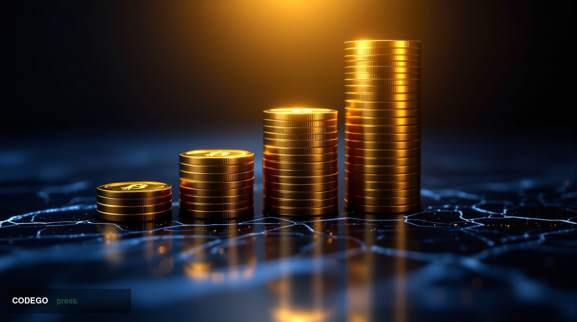 A photorealistic cinematic editorial photograph capturing a dramatic close-up of gleaming gold and copper-toned physical Bitc