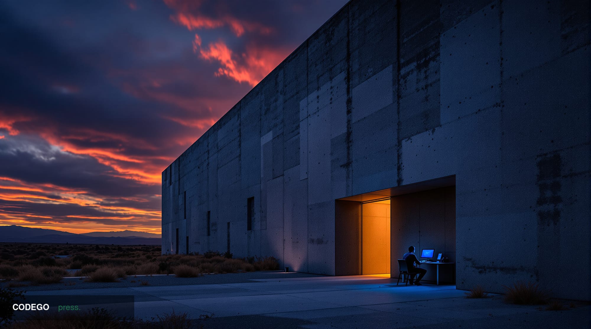 A cinematic editorial photograph shot from a low angle looking up at a stark brutalist concrete server facility exterior at d