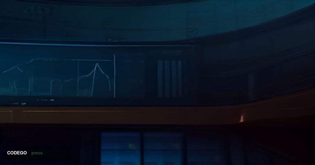 A dramatic cinematic editorial photograph set inside a high-ceilinged financial trading floor, with large curved screens disp