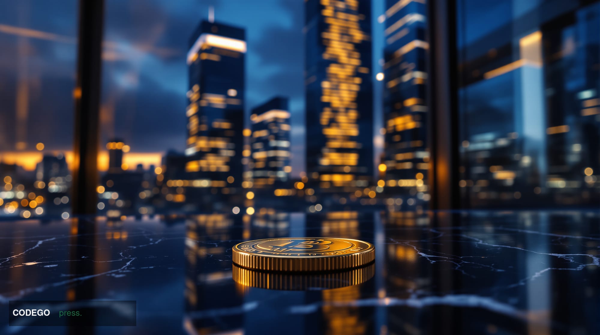 A dramatic cinematic editorial photograph capturing a sleek, modern financial district at dusk, with the foreground showing a