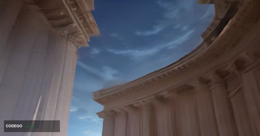 A photorealistic 8K cinematic editorial photograph taken from a low angle looking up at the US Treasury Building in Washingto