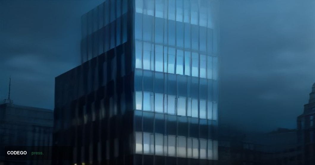 A dramatic split-composition editorial photograph shot from a low angle in a grand European financial district at dusk. The l