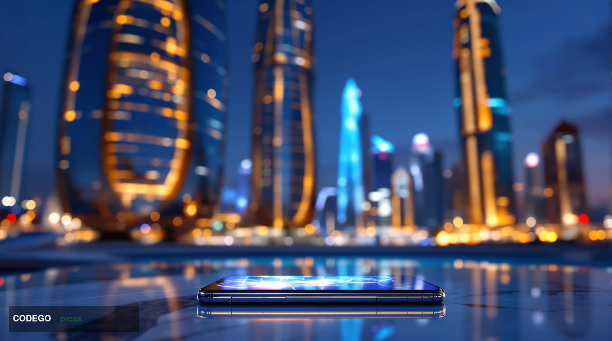 A cinematic editorial photograph depicting a sleek, modern financial district in Abu Dhabi or Dubai at dusk, with iconic curv