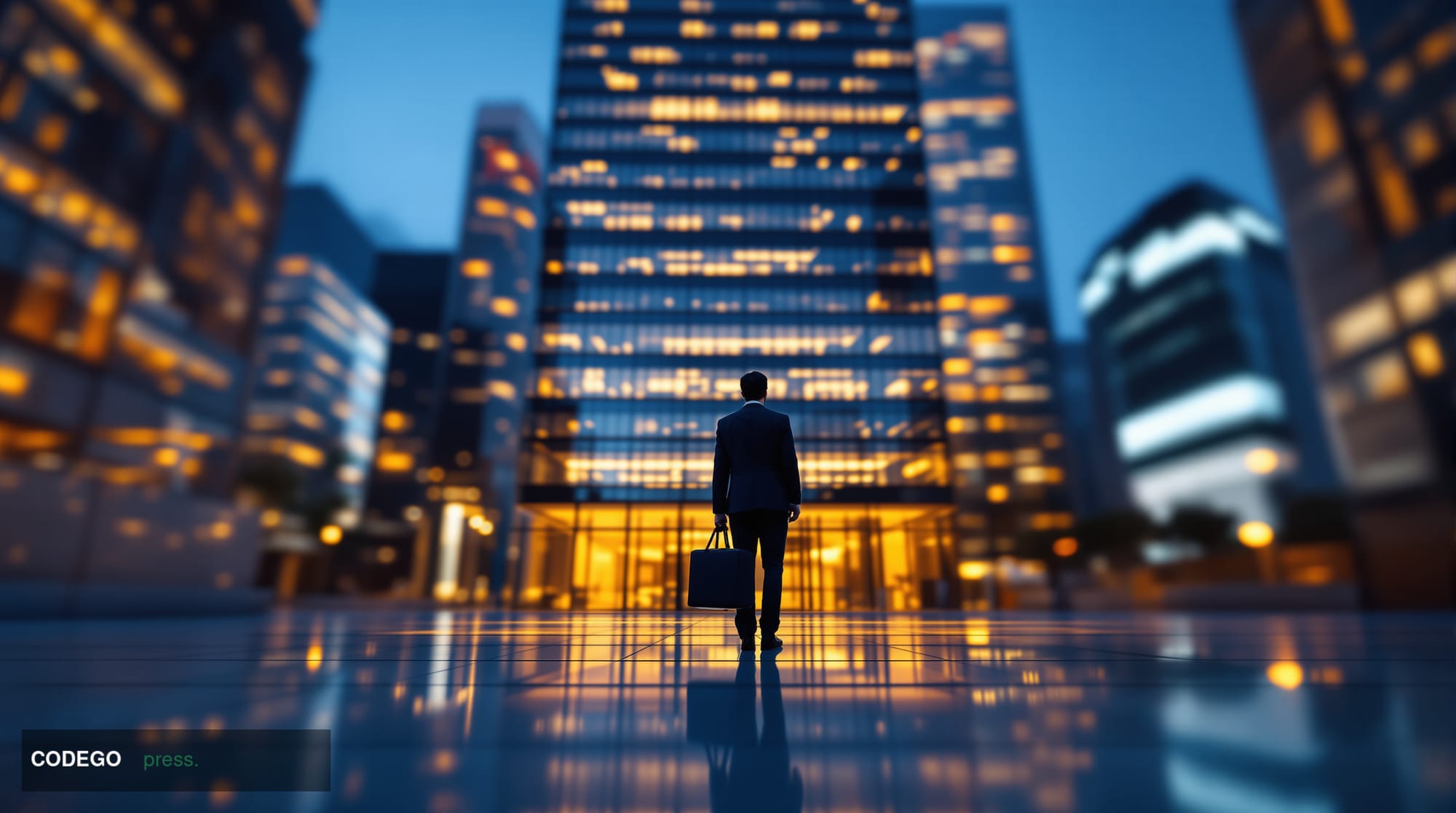 A dramatic cinematic editorial photograph taken at ground level looking up at a sleek modern glass-and-steel financial distri