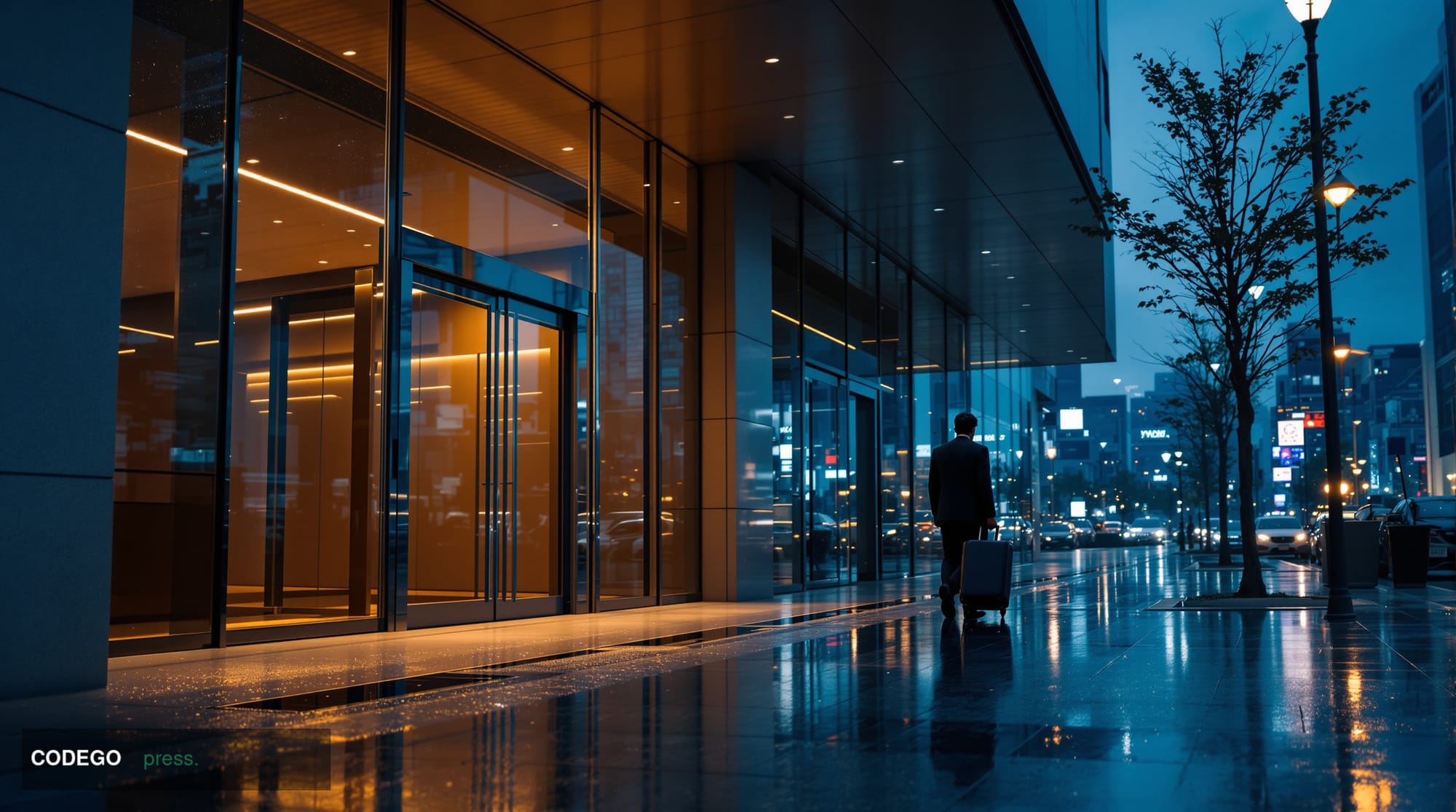 A dramatic cinematic editorial photograph depicting a sleek, minimalist Japanese financial district street scene at dusk, wit