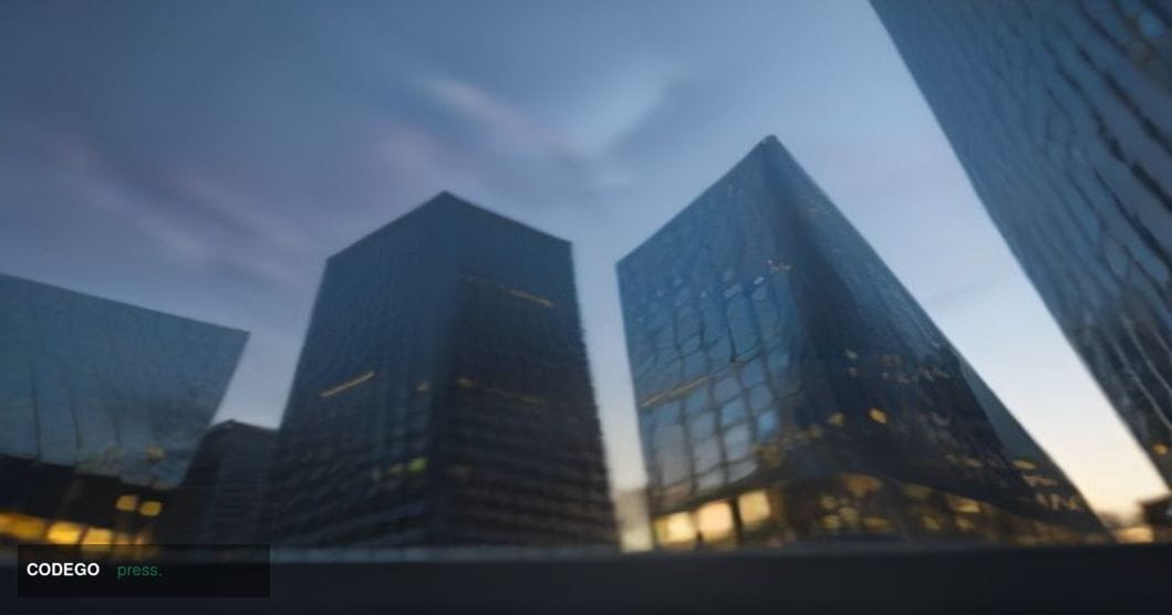 A dramatic cinematic editorial photograph shot at low angle looking up at a sleek glass-and-steel financial technology campus