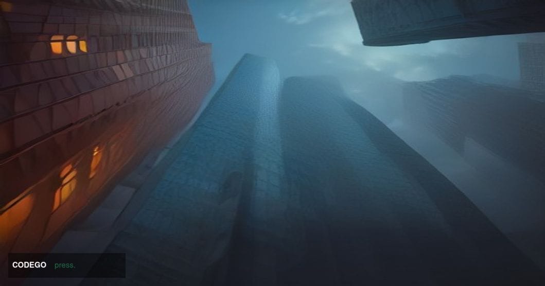 A cinematic editorial photograph shot from a low angle looking up at two imposing glass-and-steel corporate tower facades con