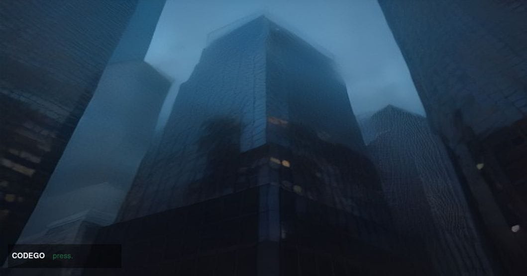 A cinematic editorial photograph of a sleek, modernist financial district office tower in New York City at dusk, shot from a 