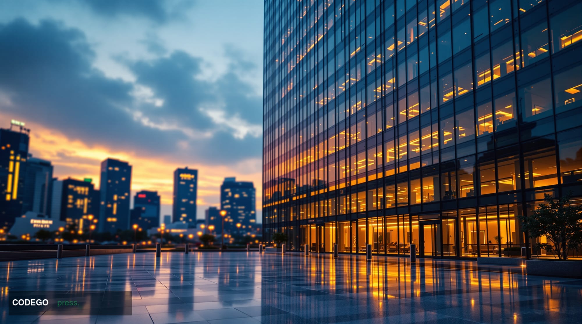 A dramatic low-angle wide shot of a modern glass-and-steel financial district tower in Seoul's Yeouido business quarter at du