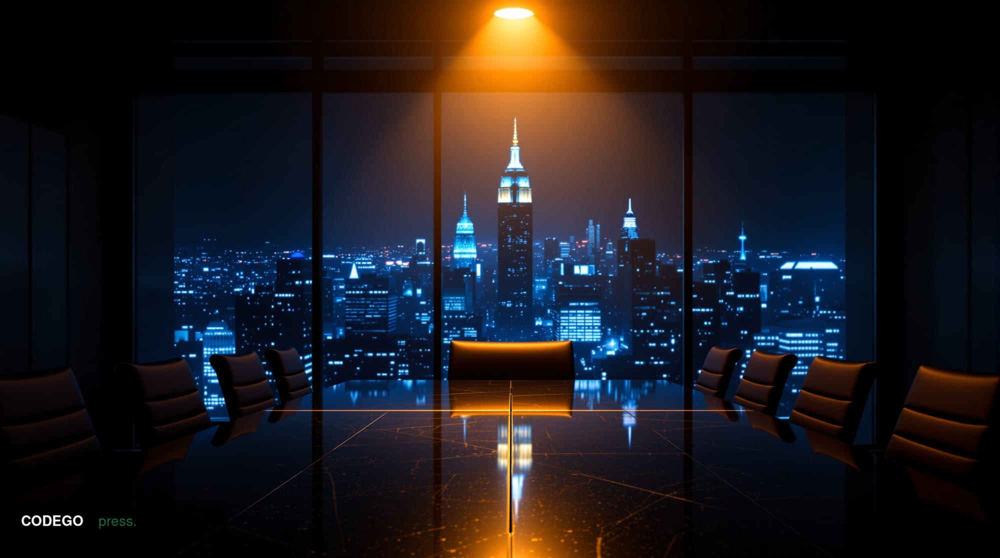 A dimly lit corporate boardroom interior photographed from a low angle, with two opposing sides of a long obsidian conference