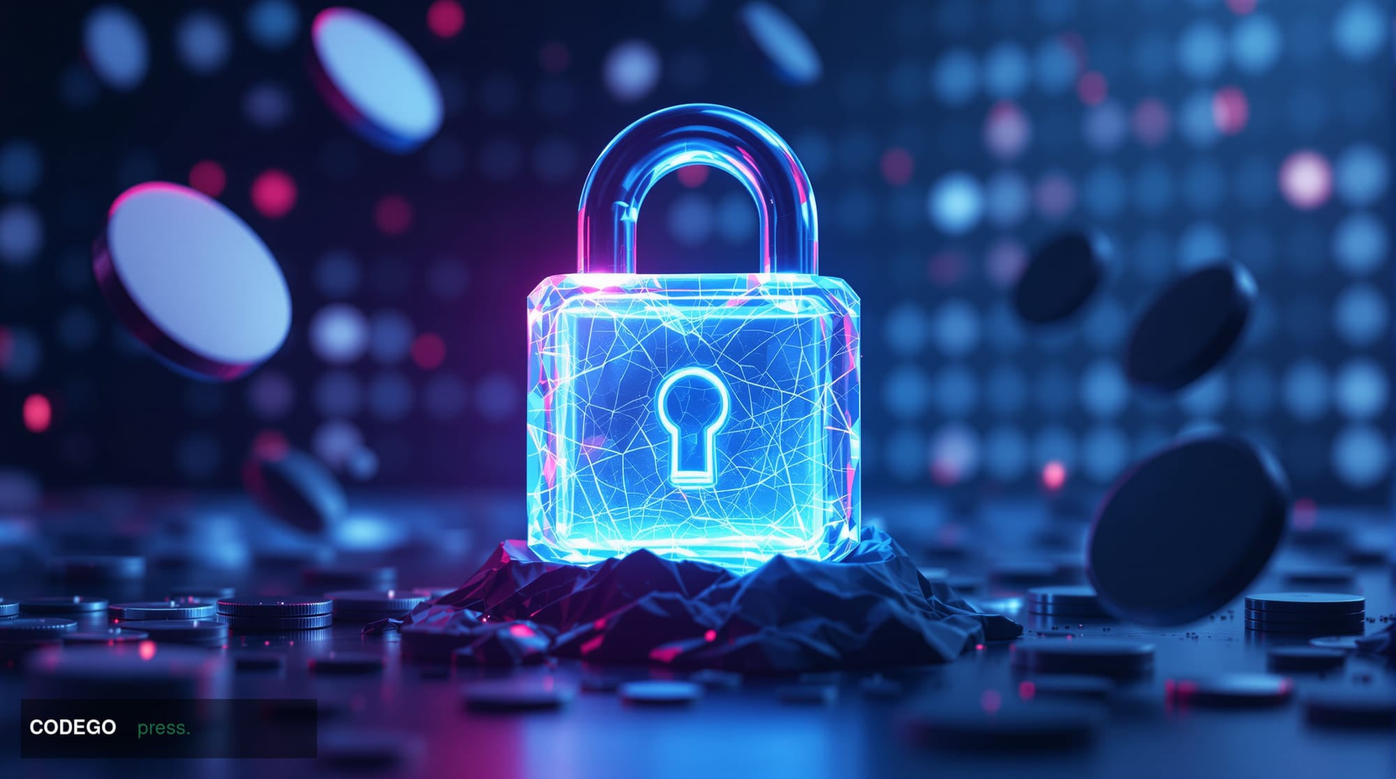 Frozen glowing padlock over crypto coins — account and withdrawal freeze