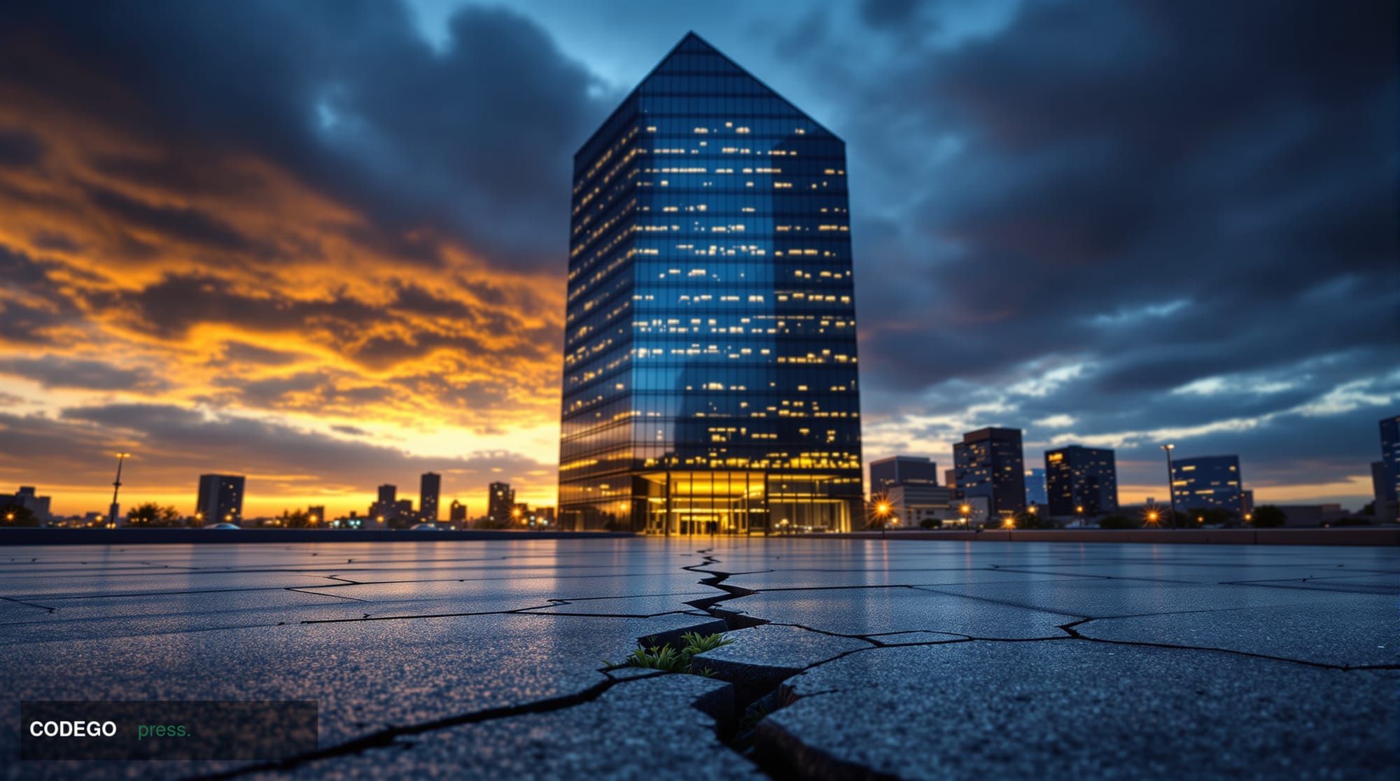 A dramatic cinematic editorial photograph of a glass-and-steel cryptocurrency exchange office building at twilight, shot from