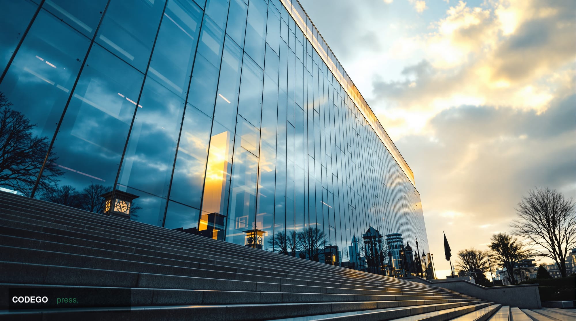 A dramatic low-angle exterior shot of a sleek, modernist glass-and-steel financial authority building in Vienna, Austria, bat
