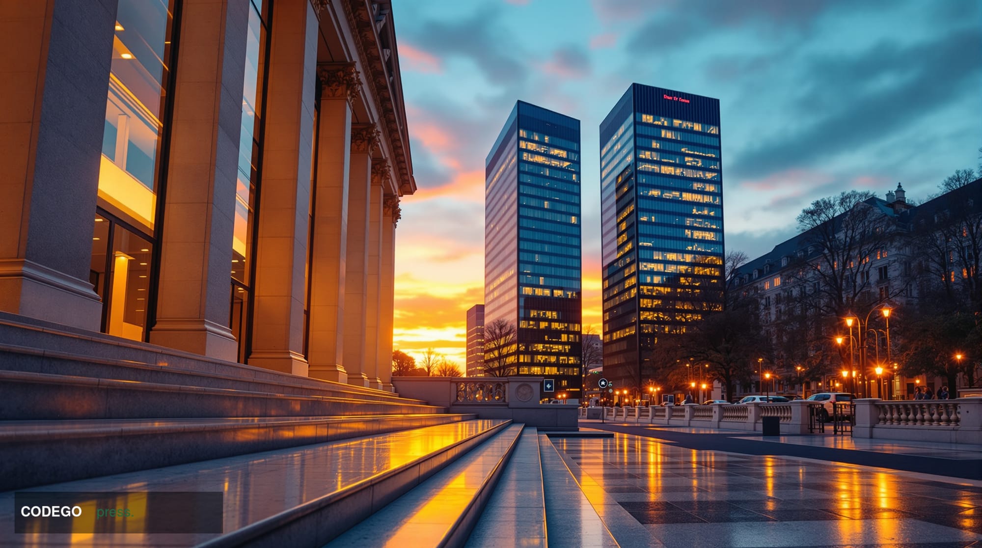 A dramatic wide-angle exterior shot of a sleek Austrian financial regulatory government building in Vienna, photographed at d
