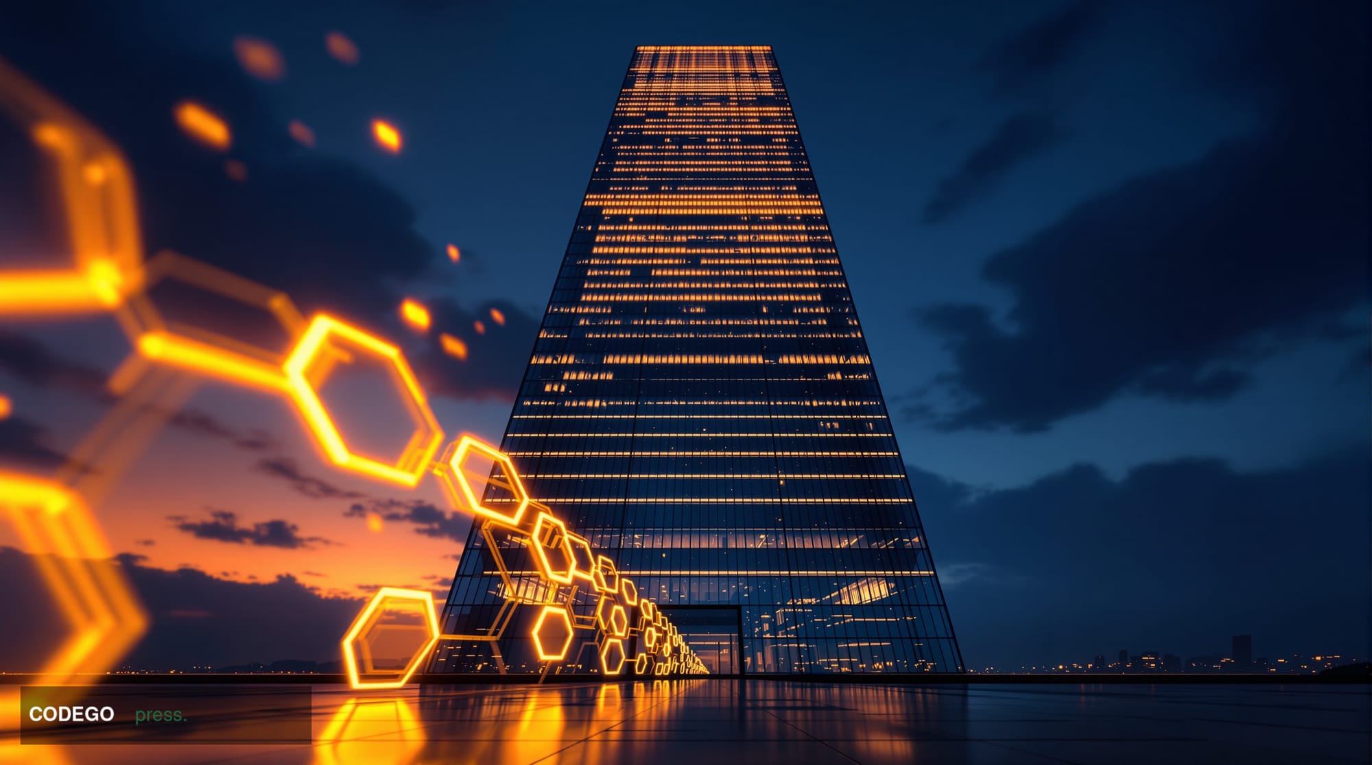 A monumental glass-and-steel financial tower photographed from a low-angle perspective at dusk, representing institutional as