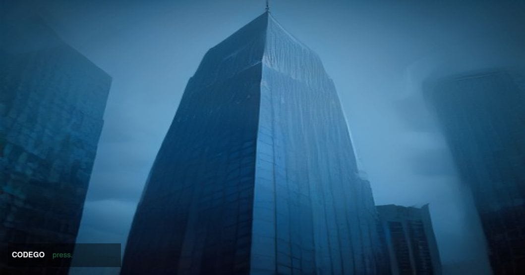 A dramatic cinematic editorial photograph of a large glass-and-steel financial district skyscraper shot from a low angle at d