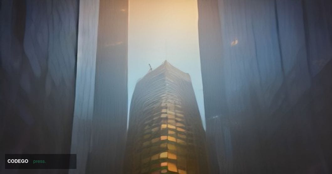 A cinematic editorial photograph taken at ground level looking up at the glass-and-steel facade of a major Australian financi