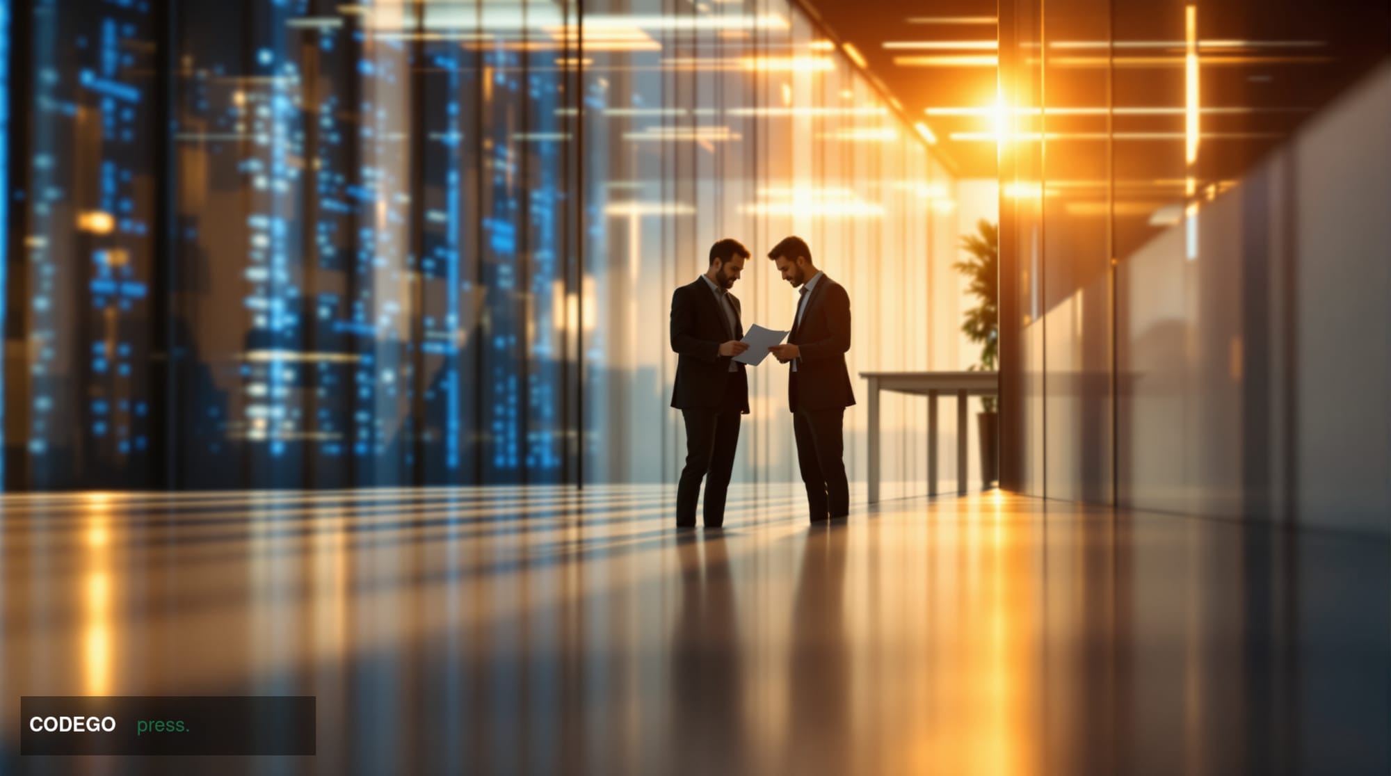 A cinematic editorial photograph set inside a sleek, modern financial technology office corridor in San Francisco's South of 