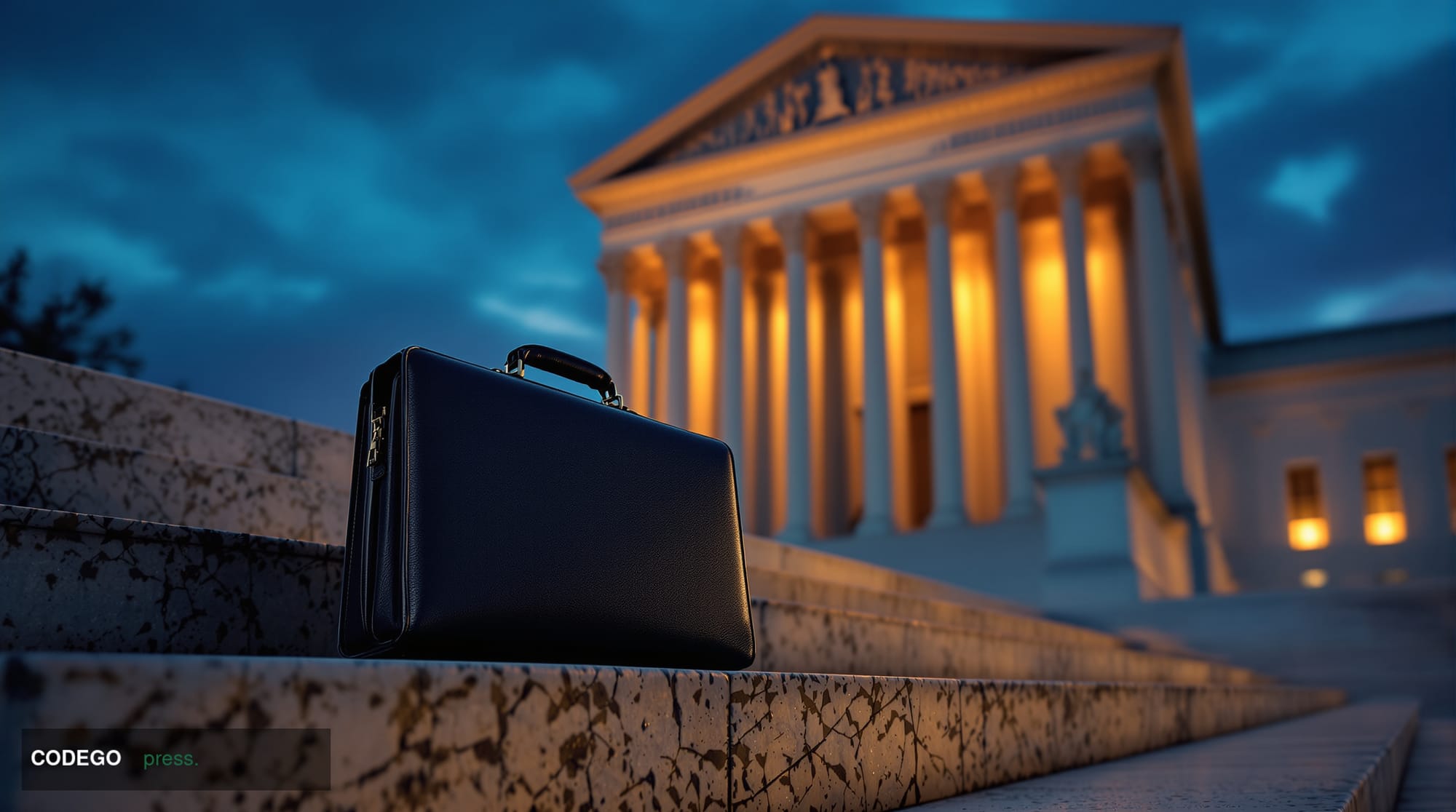 A cinematic editorial photograph depicting the neoclassical exterior of the United States Supreme Court building in Washingto